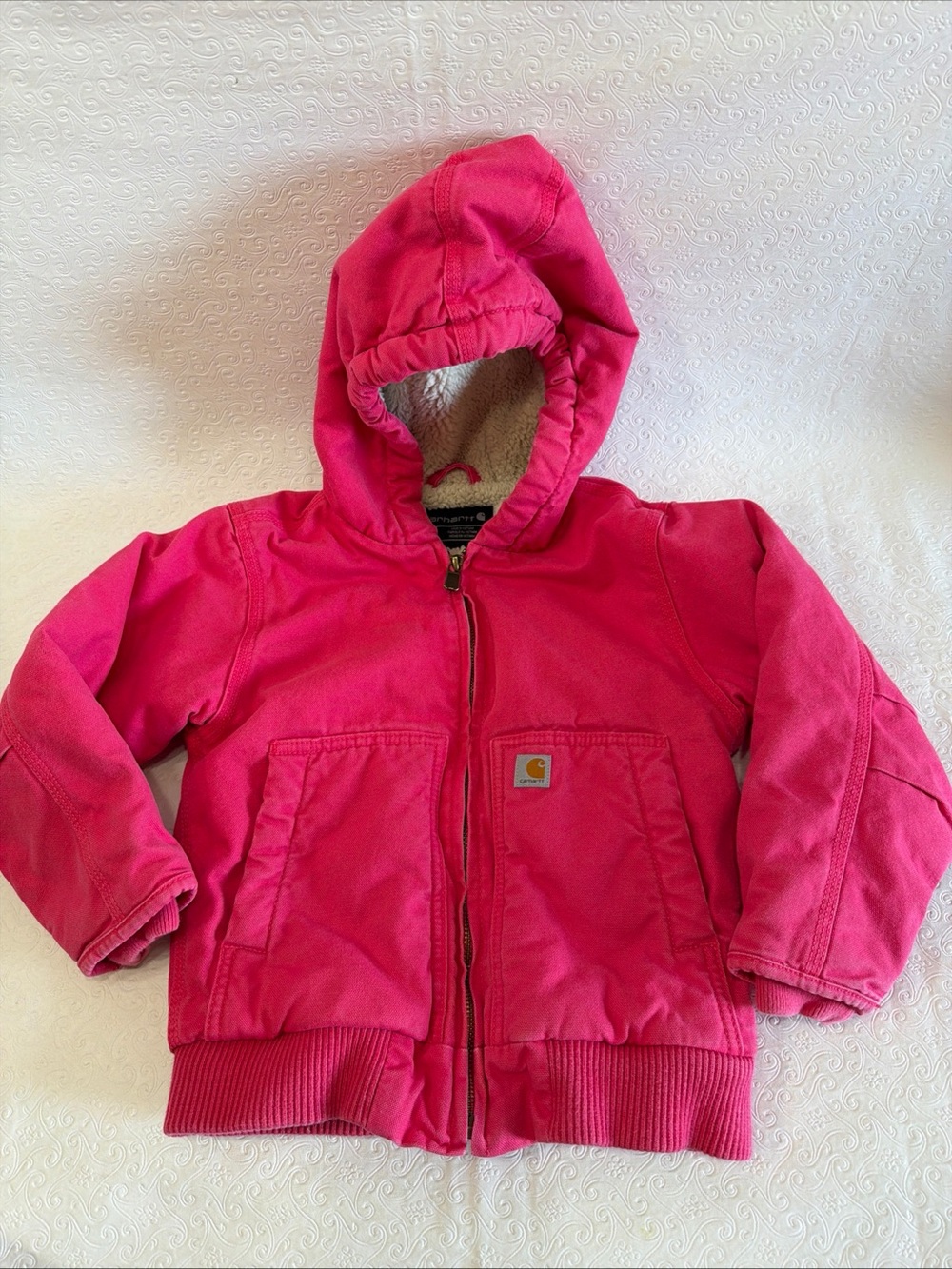 Carhartt XXS 4 5 Girls Canvas Coat Hooded Sherpa Lined Jacket Pink Duck Utility